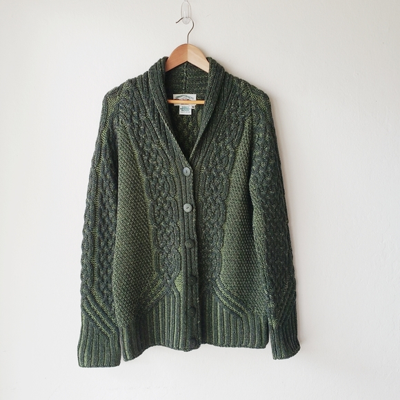 Vintage Sweaters - Irish Merino Wool Fishermans Cardigan Medium Green